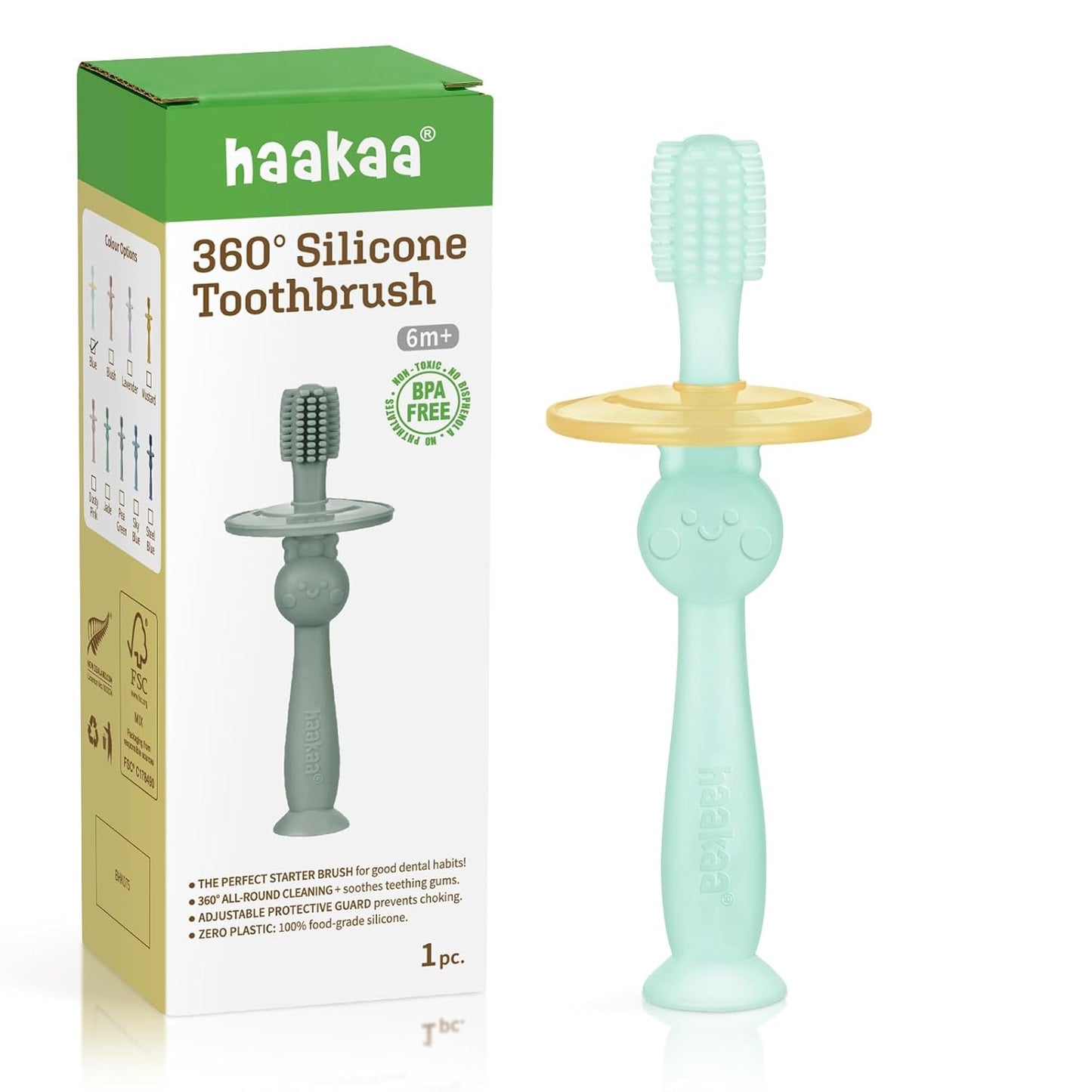 Haakaa 360° Baby Toothbrush - Food-Grade Silicone for Gentle Self-Brushing Training | Adjustable Safety Shield - Blue