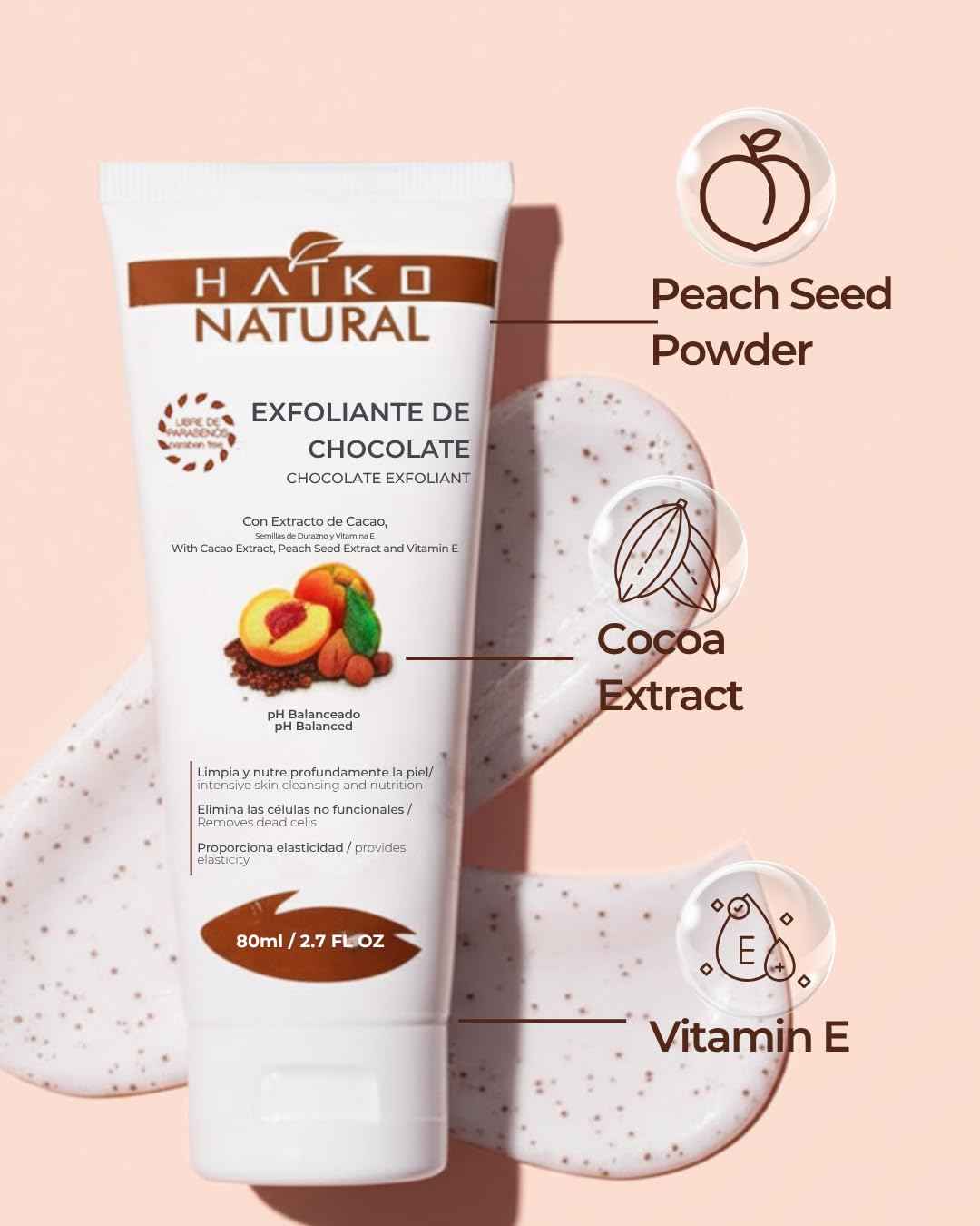 HAIKO NATURAL Chocolate Body Scrub with Cocoa Extract, Peach Seed Powder & Vitamin E. Exfoliates, Nourishes & Revitalizes Skin. Non-Greasy & Paraben-Free - 2.7 FL.OZ / 80g