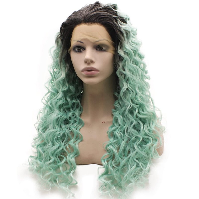 Long Curly Heat Resistant Synthetic Lace Front Wig - Dark Root Blue Color