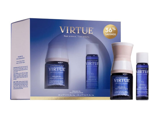 VIRTUE Healing Hair Oil Home and Away Set, Hair Treatment Serum for Damaged Hair, Shake to Activate, Color Safe, 2.3 Fl Oz Total
