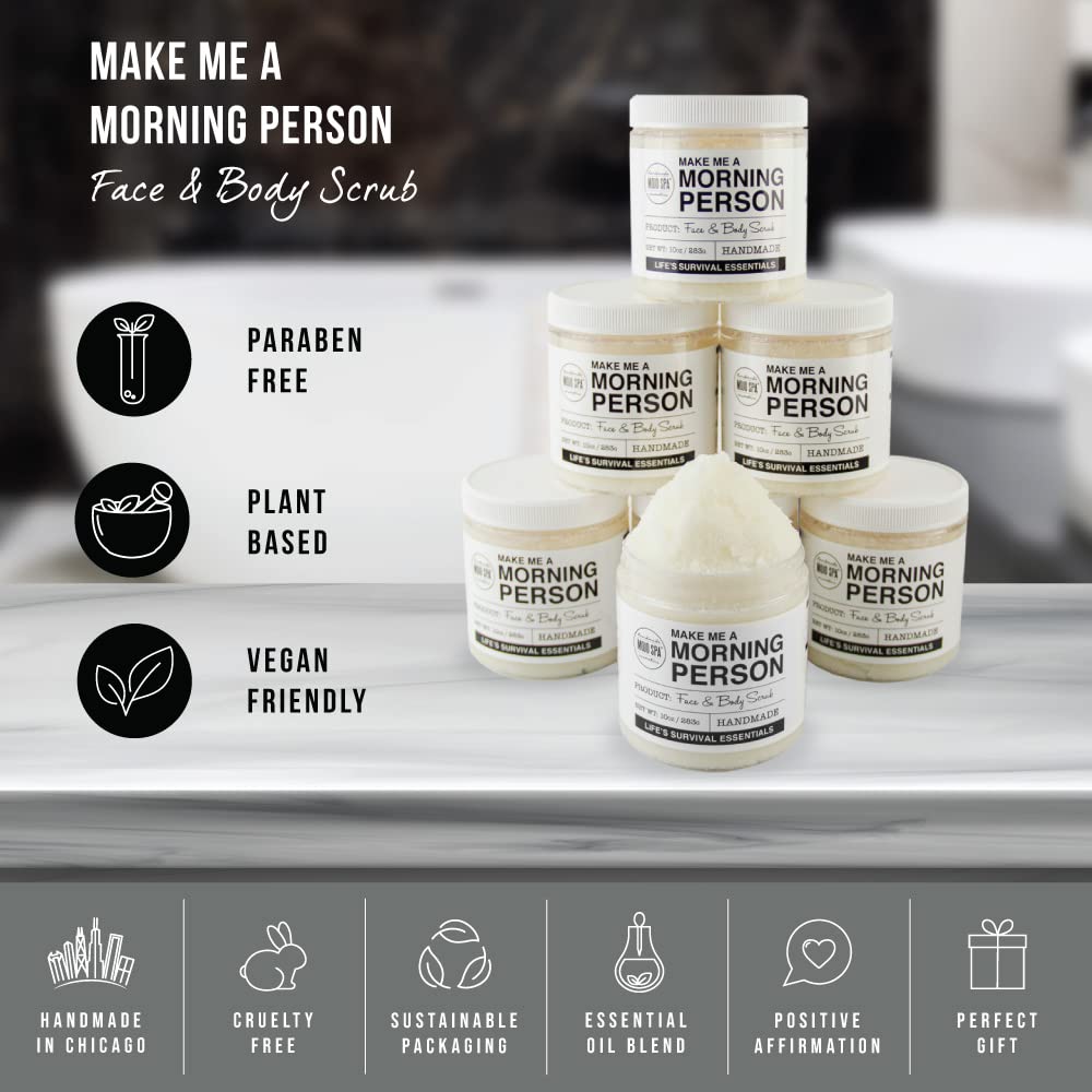 Mojo Spa Make Me a Morning Person Face and Body Scrub for Women and Men, Deep Moisturizing Facial and Full Exfoliating Skincare with Peppermint and Rosemary Scent, Sugar Based Exfoliator, 10 oz.