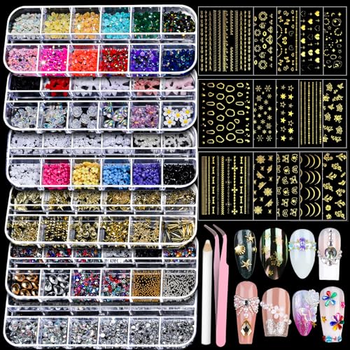 Teenitor Nail Charms Nail Gems with 15 Sheets Gold Nail Stickers, 6 Boxes of Rhinestones for Nails Art Tools, 3D Nail Decals Pearls for Nails