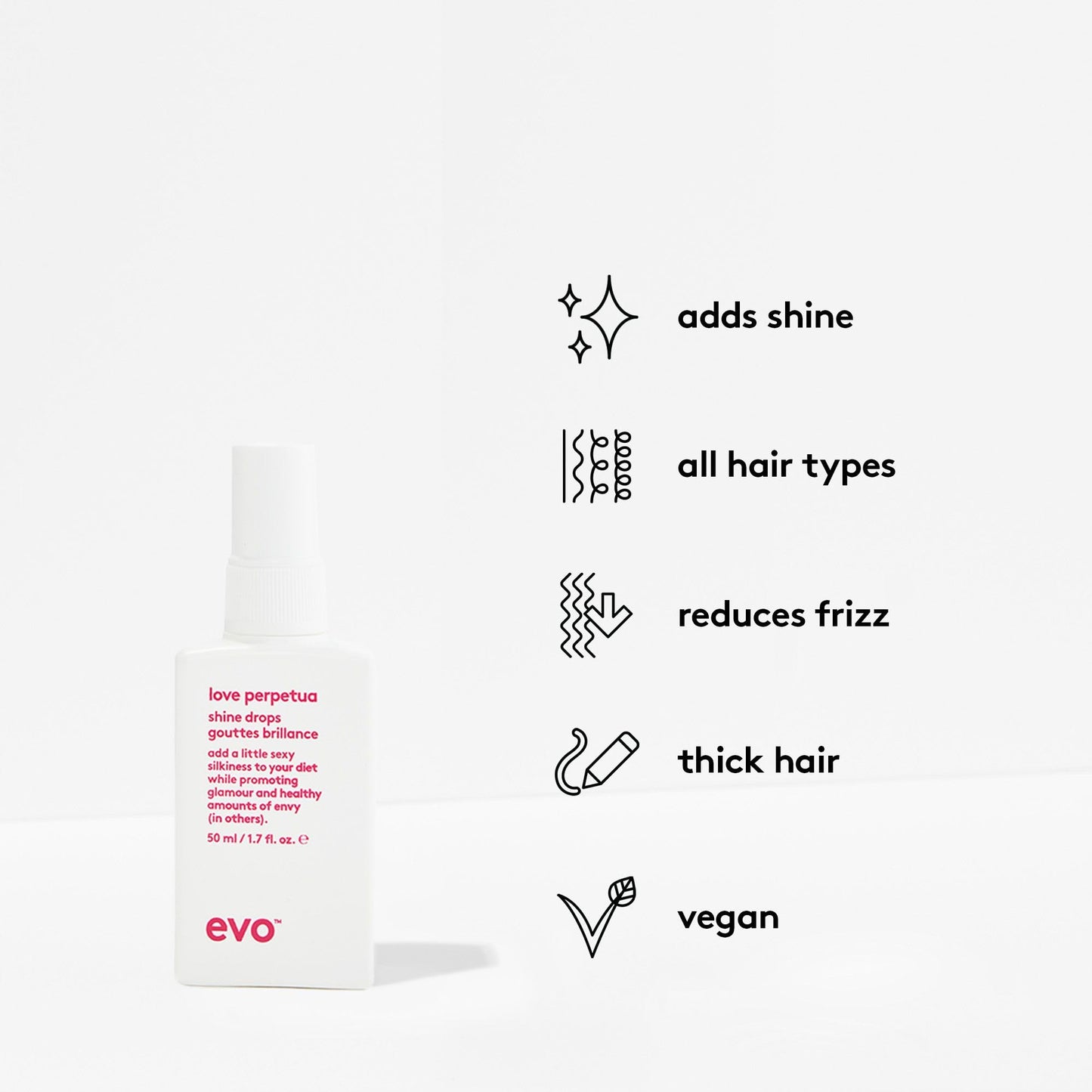 EVO Love Perpetua Shine Drops, Anti Frizz Hair Smoothing Serum for Thick & Coarse Hair - Seals Cuticles, Softens & Polishes - 1.7 fl oz