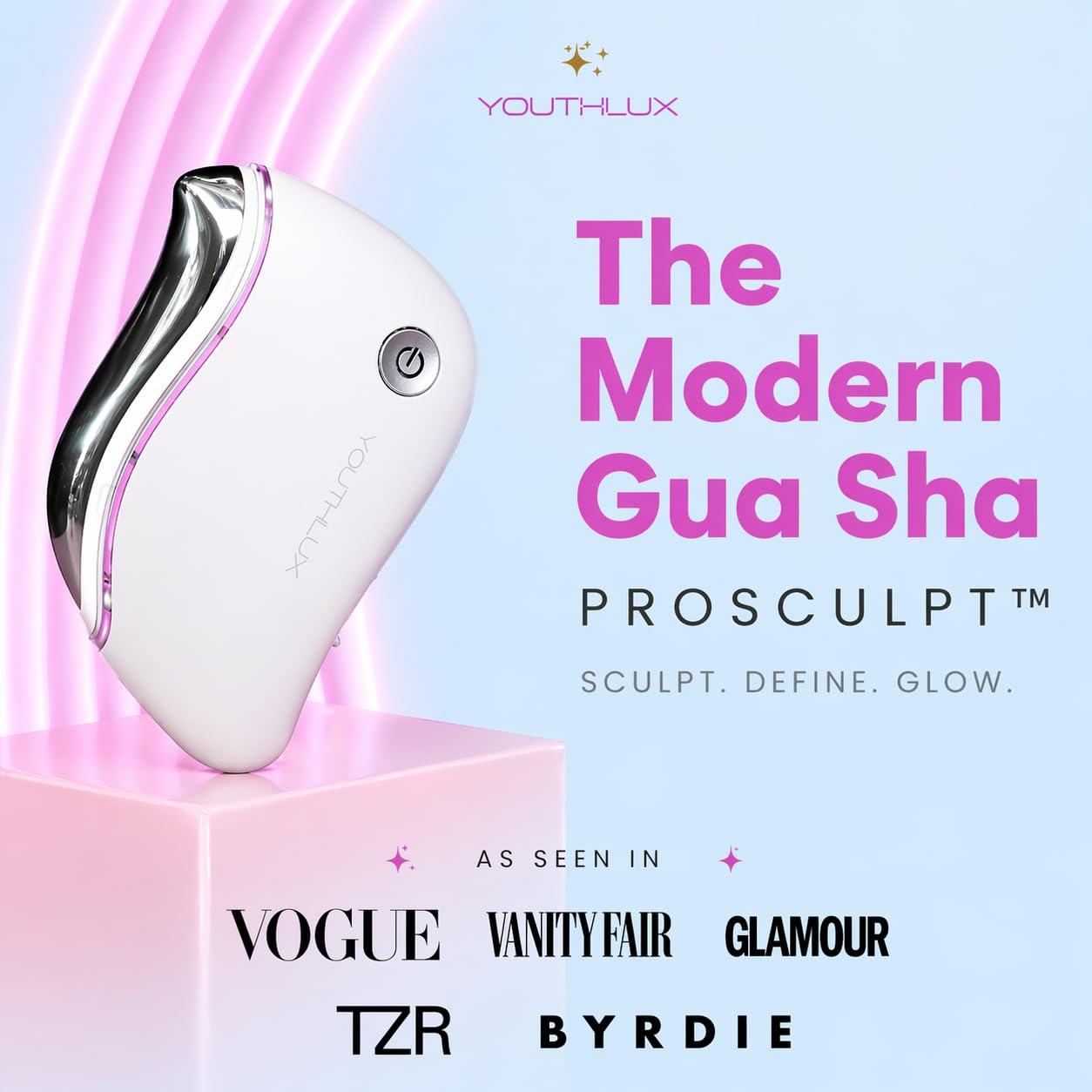 YOUTHLUX ProSculpt Heated Gua Sha Facial Massager – Electric Guasha Tool for Face Sculpting, Relaxation & Skincare | Soothing Vibration Facial Massage Tool with Contoured Design (White)