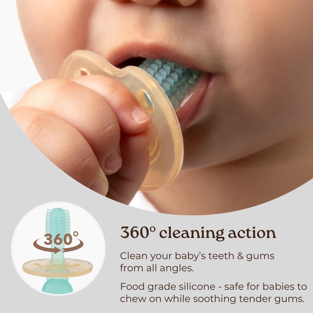 haakaa 360° Silicone Baby Toothbrush – 100% Soft Food Grade Silicone, BPA-Free, Suction Base, Safe for Babies 6 Months+, Gentle Gum and Teeth Cleaning for Infants, Gum Massager (Mist Blue)