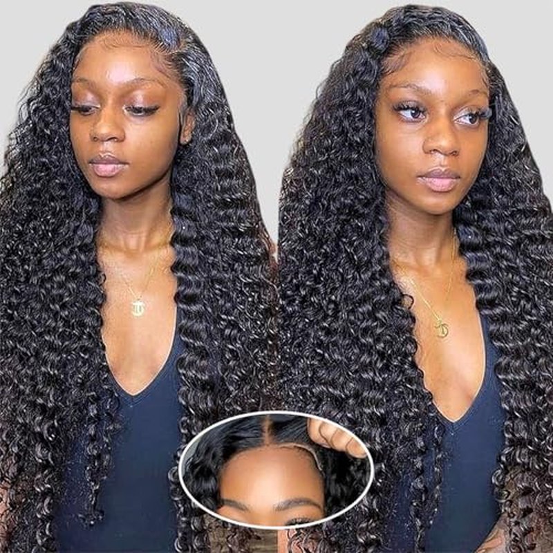 Wear and Go Glueless Wigs Human Hair Pre Plucked Pre Cut 5x5 HD Closure Wigs Human Hair Deep Wave Lace Front Wigs for Black Women 210% Dentisy 12A Deep Curly Glueless Wig Bleached Knots (22 Inch)