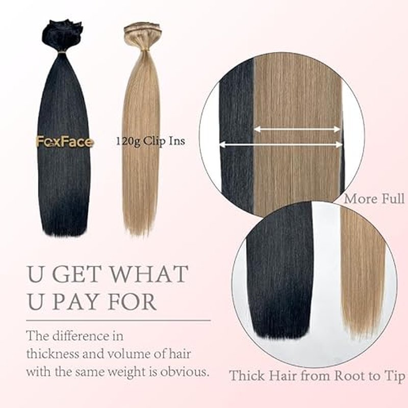 FoxFace Clip in Hair Extensions Real Human Hair, Thick Extensions from Root to Tip, Natural Hair Clip Ins, Platinum Blonde, 24 Inch 120g 7Pcs