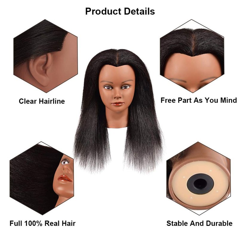 100% Real Hair Mannequin Head Hair Styling Training Head Manikin Cosmetology Doll Head Hairdresser Practice Training Head Hair Mannequin for Braiding Mannequin Head Doll for Girls