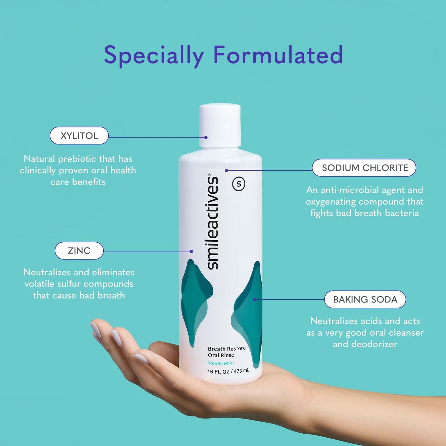 Smileactives Breath Restore Oral Rinse, Adults Mouthwash for Bad Breath and Gum Health, Promotes Oral Care, Healthy Mouth and Long Lasting Fresh Breath, Sugar and Alcohol-Free, Vanilla Mint, 16 fl oz