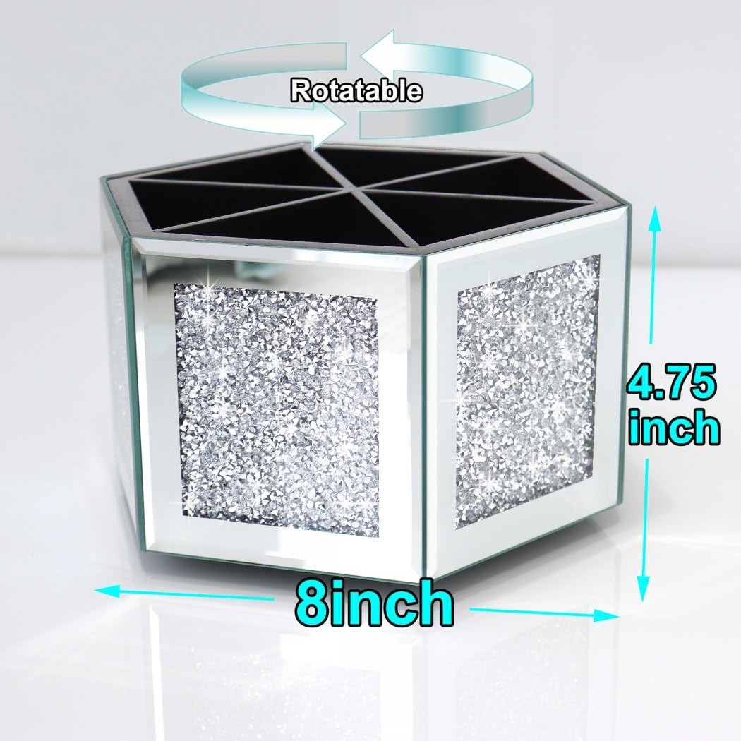 VOHJD Rotatable Multifunctional Jewelry Utensil Holder Hexagon Jewelry Make up Organizer Cups Crush Diamond Mirror Decor, brush/office pen cup holder Eyeliners Display Case for Vanity