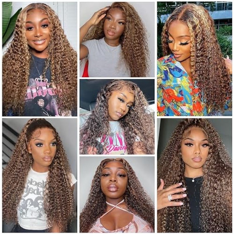 24 Inch 13x6 Deep Wave Lace Front Wigs Human Hair Pre Plucked #4/27 Highlight Ombre Colored Wigs Water Wave Honey Blonde Curly Lace Frontal Wigs Human Hair for Black Women with Baby Hair