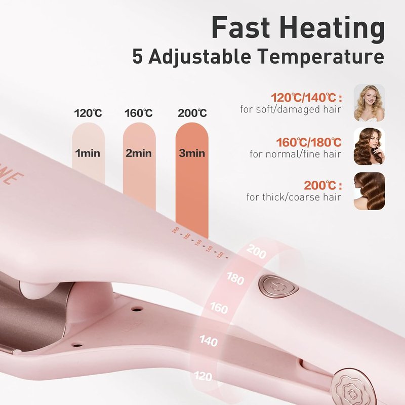 TANSHINE Curling Iron - 1.25 Inch Dual Barrel Ceramic Hair Waver for Beach Waves | Ionic Anti-Scald, Adjustable Temp, Pink