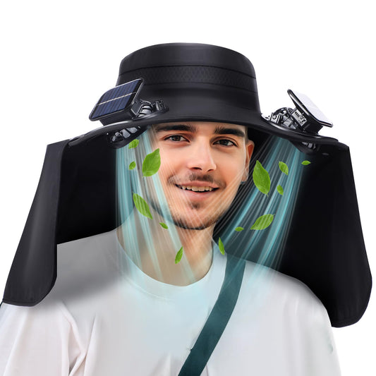 Chuarry Wide Brim Sun Hat with 2 Fan Outdoor Solar Powered USB Charging Fishing Hat with Neck Flap for Men Women(Black)