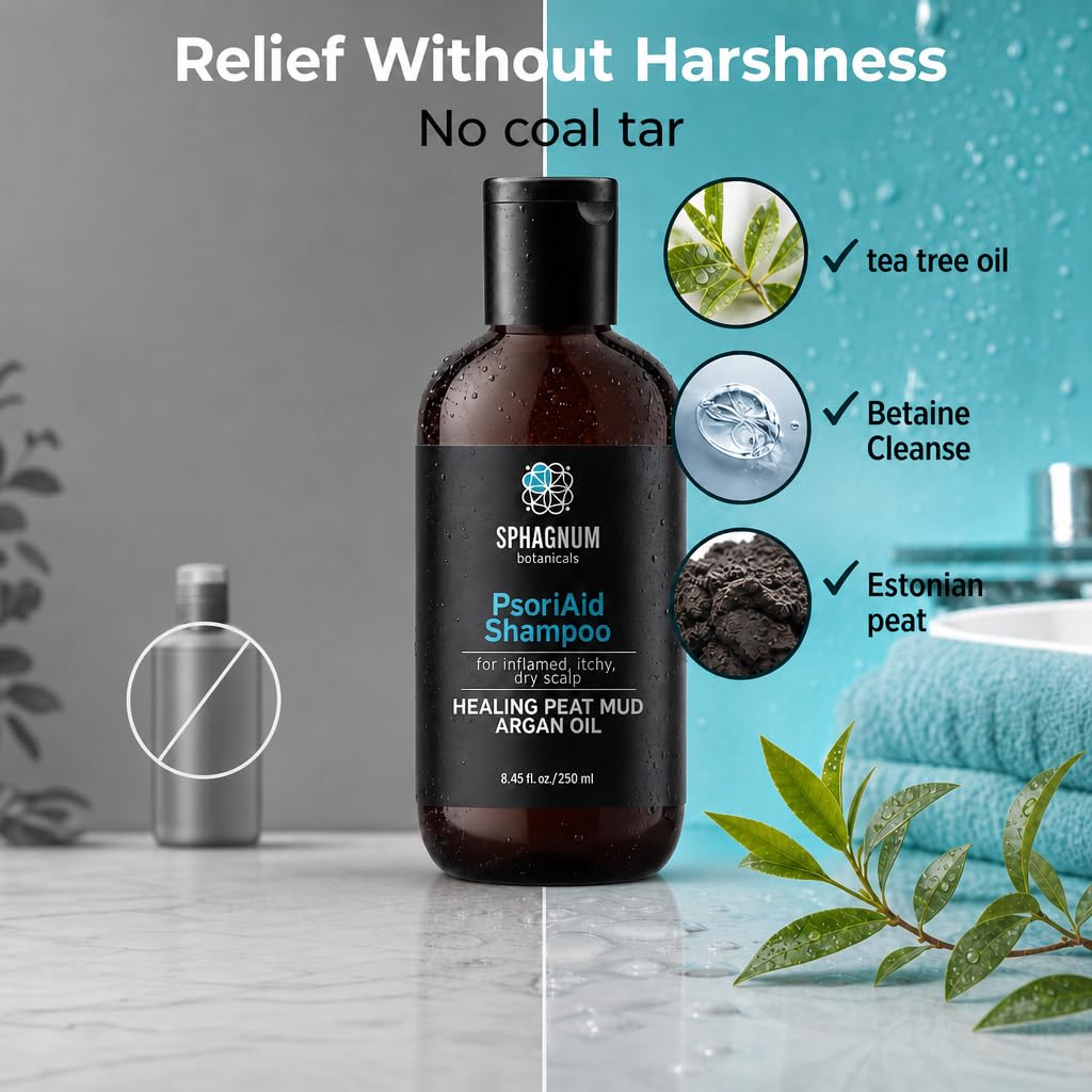 Sphagnum Botanicals Psoriasis Shampoo with Estonian Peat & Tea Tree Oil - Natural Relief for Itchy, Flaky Scalp, Eczema & Dermatitis - Sulfate Free, No Parabens - 8.45 Oz