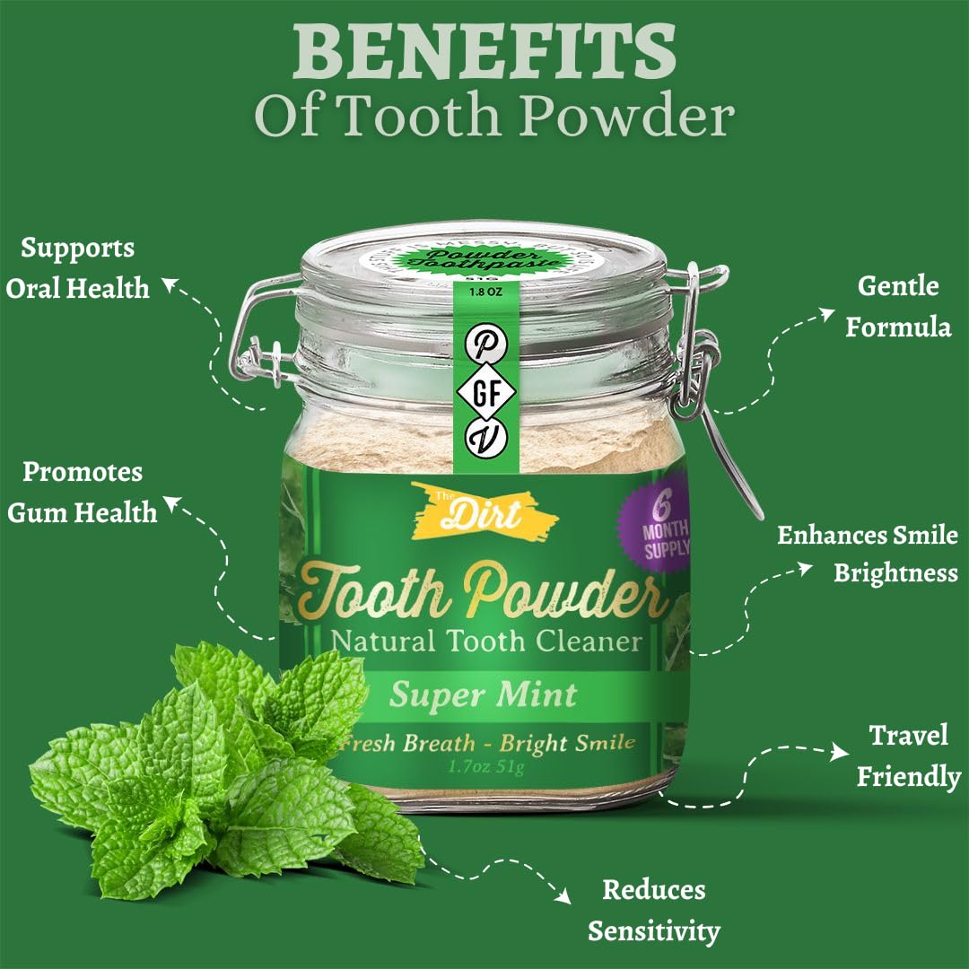 The Dirt - Remineralizing Tooth Powder, Natural Fluoride-Free Teeth Whitening Powder with Hydroxyapatite, Flouride & Gluten Free, Organic Vegan (Super Mint, 25g: 3 Month Supply)