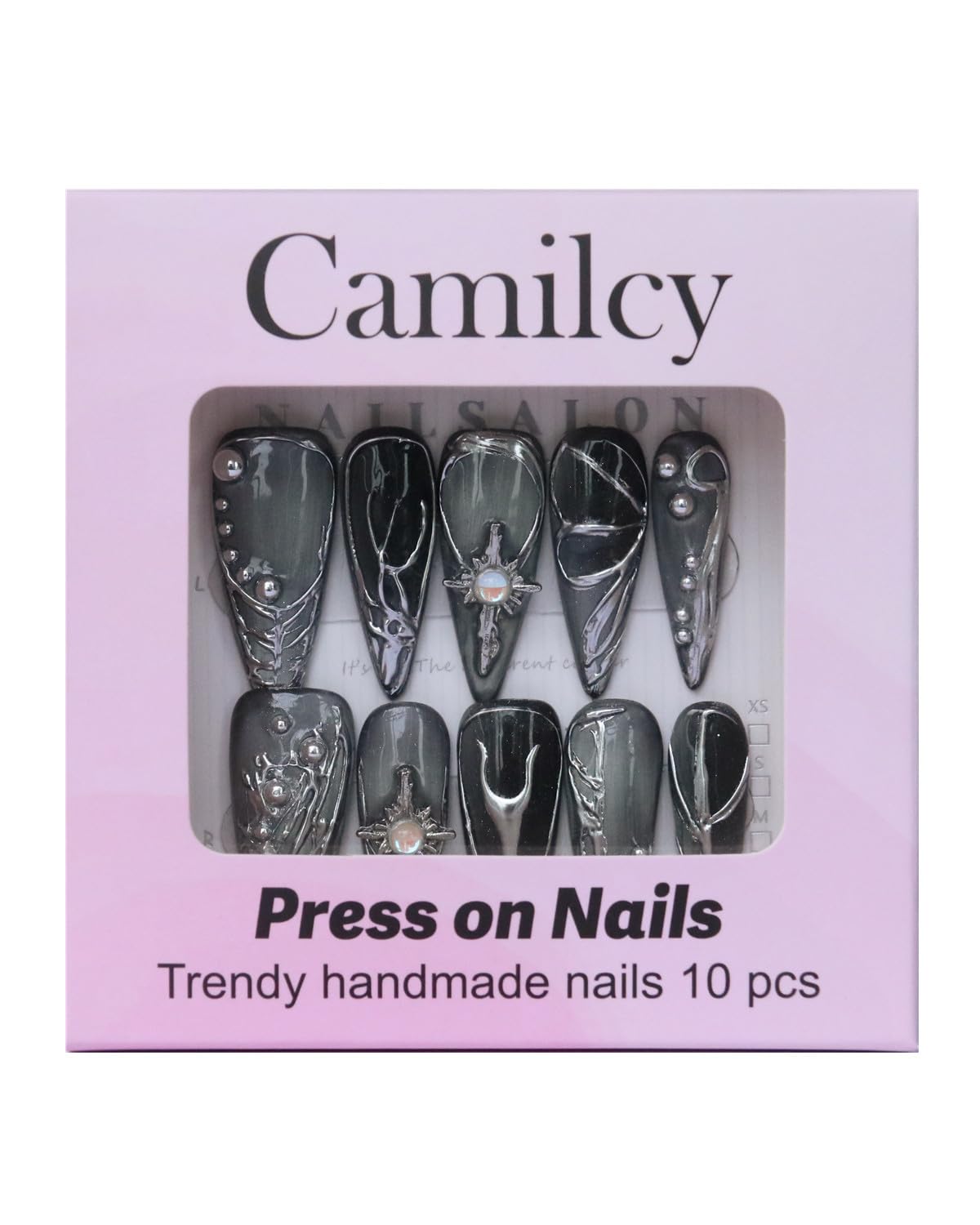 CAMILCY Luxury Handmade Press On Nails Gray Silver Gradient Almond 3D Design Long Stiletto Fake Nails Salon Quality Reusable Acrylic Nails for Women (B07, M)