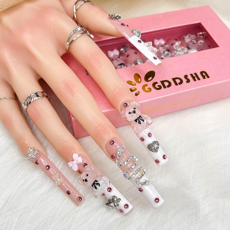 GGddsha 2026 Long Pmma Acrylic Handmade Nail Design Novelty with Rhinestone Bear Love Snake Design Glossy Nail, Reusable Nail Set with Box Gift for Women (White-pink, M)