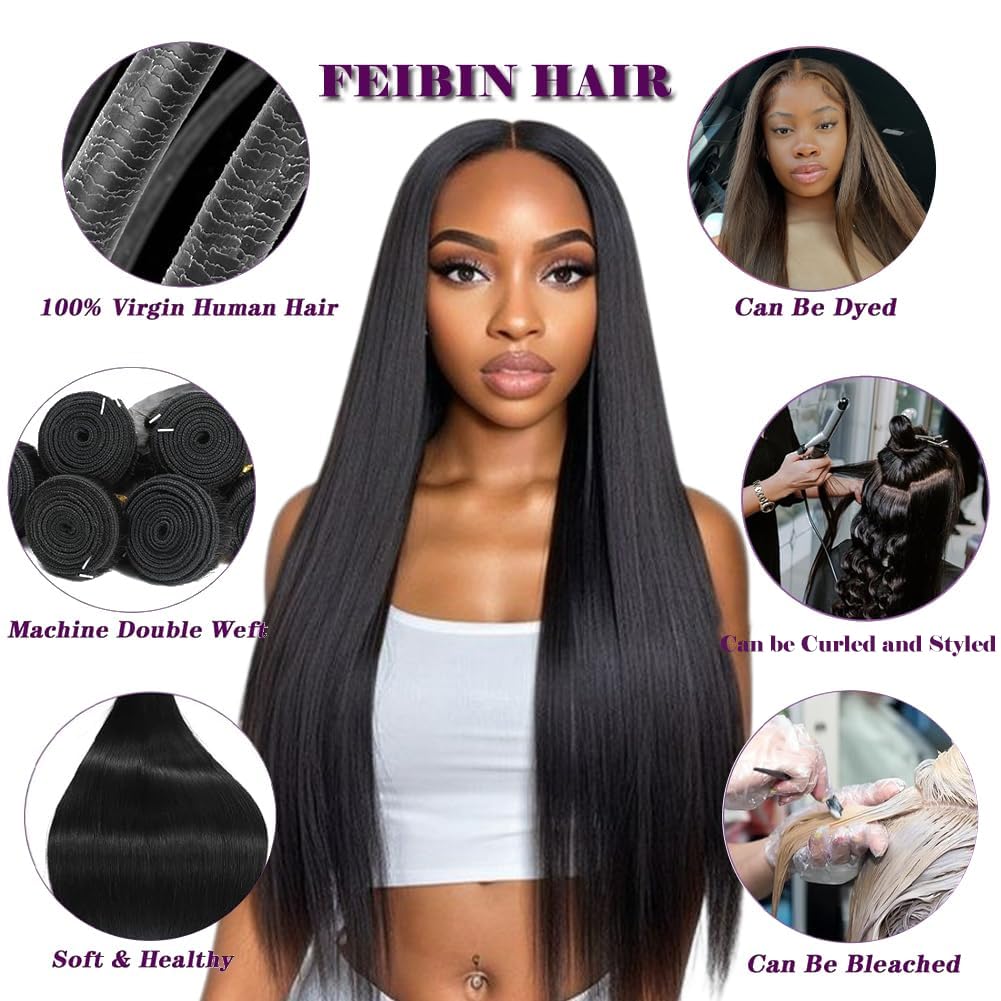 Straight Human Hair Bundles 14 16 18 Inch Trippy Hair Quick Weave 3 Bundles Human Hair 100% Unprocessed Raw Brazilian Virgin Hair Extensions for Black Women Natural Color