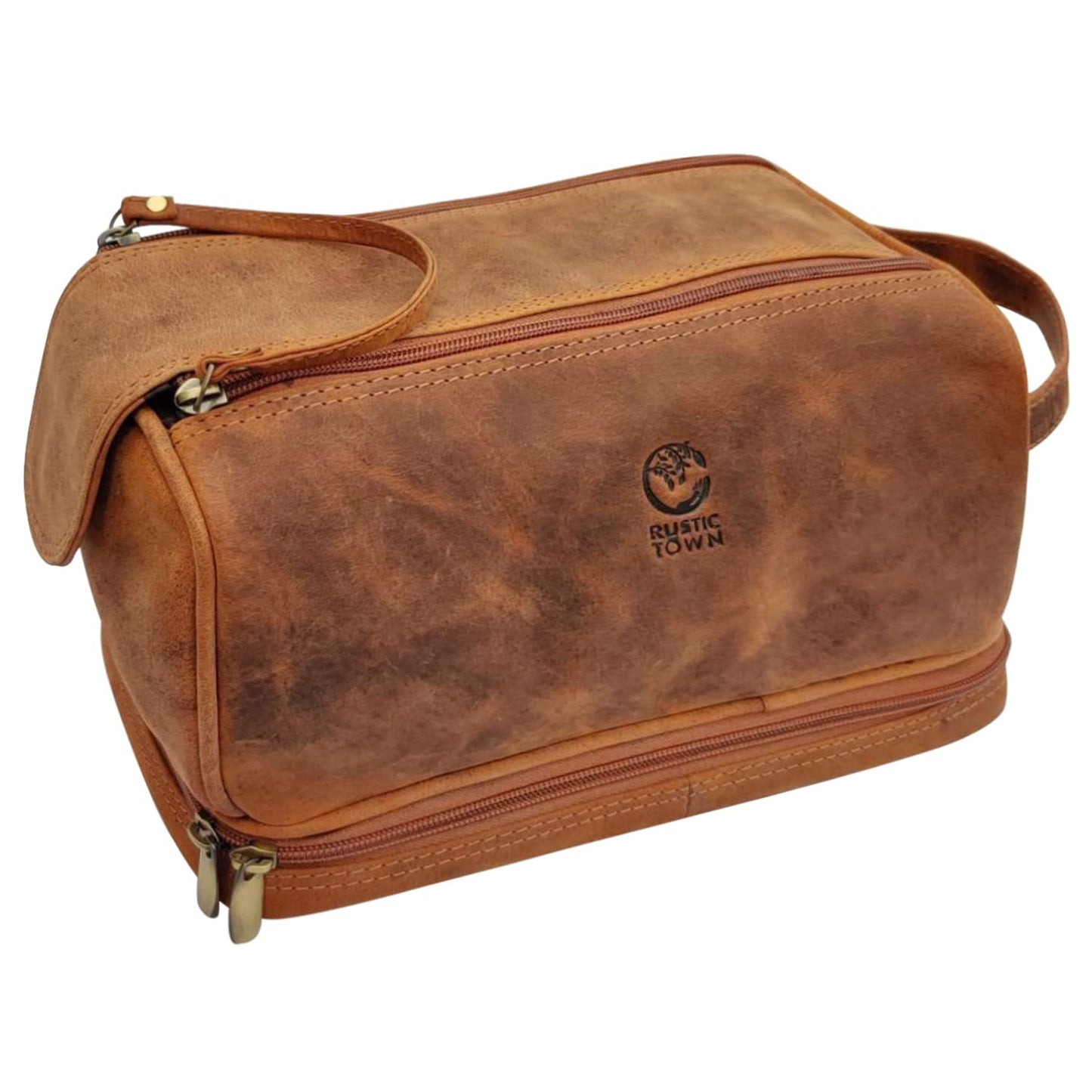 RUSTIC TOWN Leather Toiletry Bag for Men - Travel Shaving Ditty Kit - Bathroom Shower Toiletries Organizer - Cosmetic Makeup Bag for Women