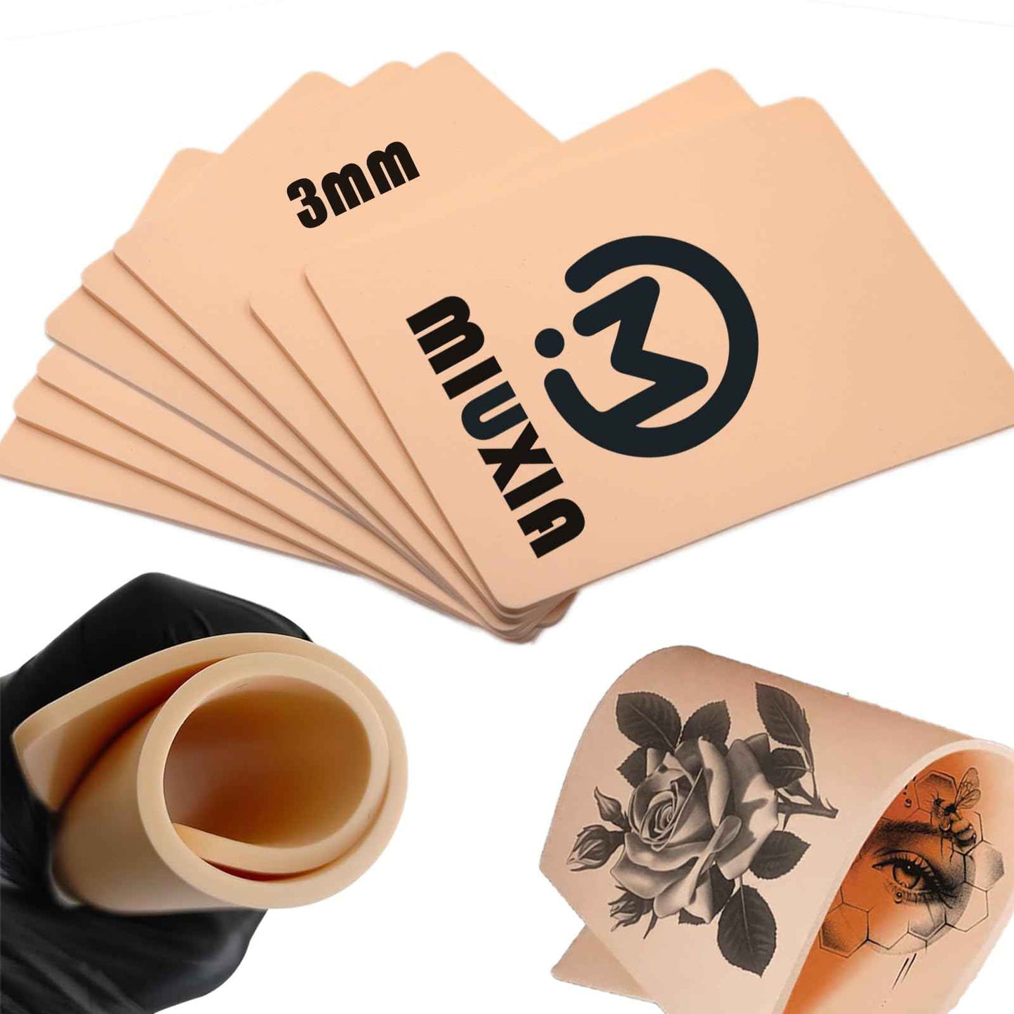 MIUXIA 10pcs 3mm Tattoo Fake Skin 7.4x5.6" 3mm Tattoo Practice Skin Soft Silicone Thick for Beginer and Artists Supplies