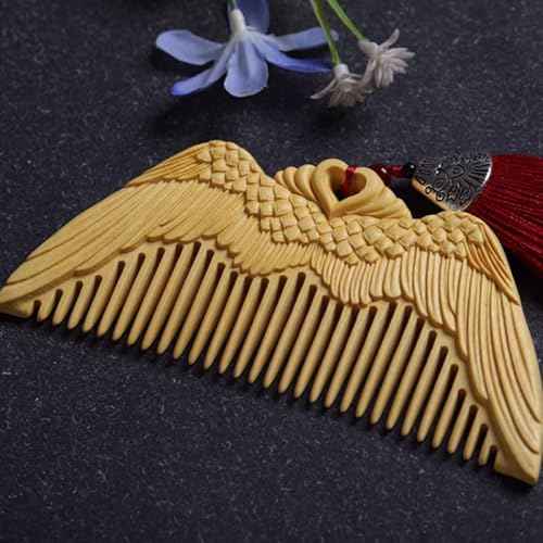 Wooden Comb For Women - Carved Craft Natural Boxwood Hair Comb - No Static Fine Tooth Wood Comb with gift box (Angel Wings)