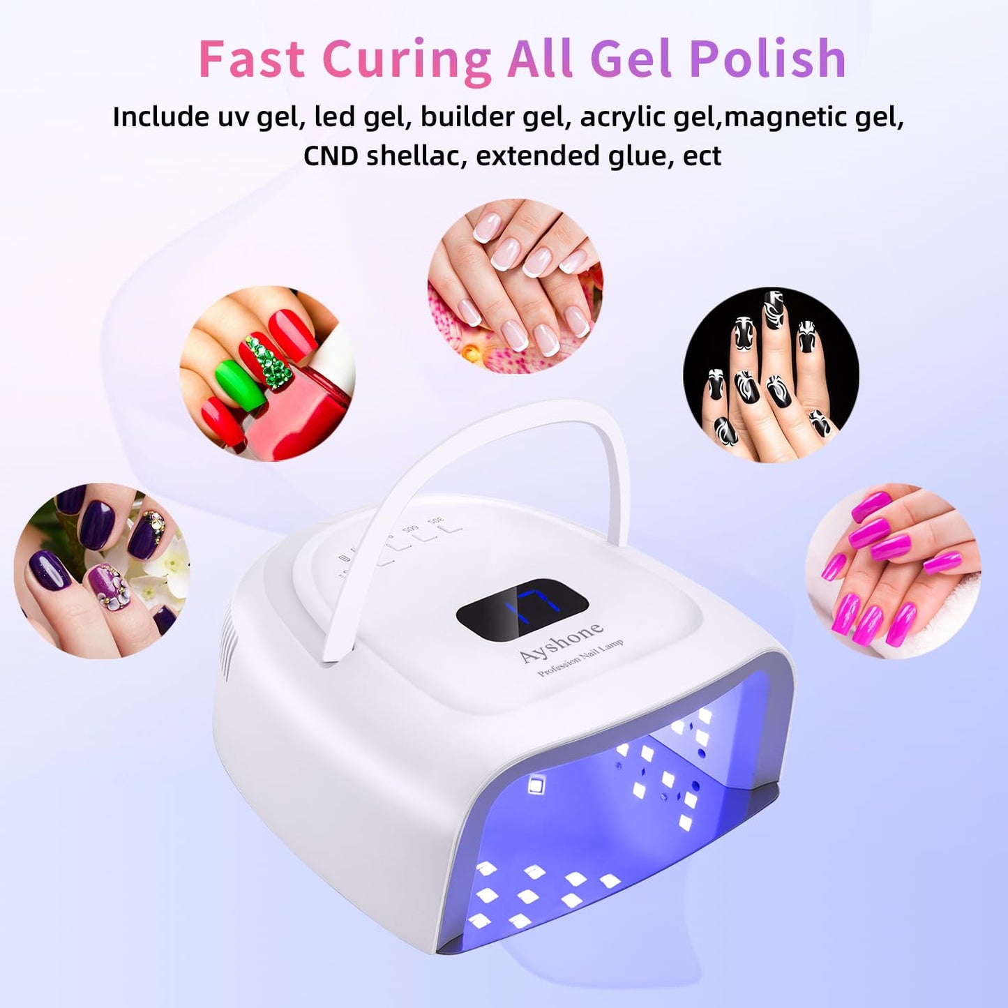 Ayshone Rechargeable LED Gel Nail Lamp,60W Cordless UV Led Nail Light Nail Dryer for Gel Nails with Lifting Handle Touch Sensor LCD Screen(White)