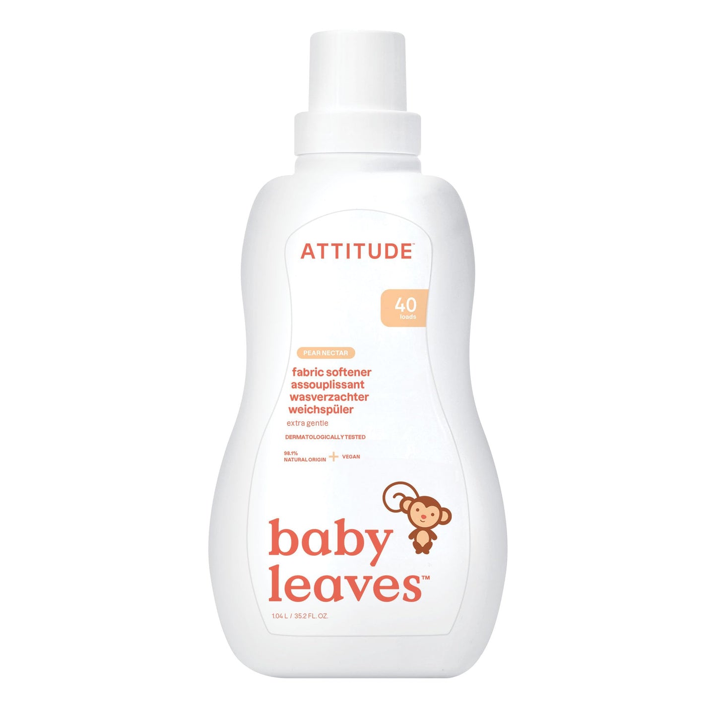 ATTITUDE Baby Fabric Softener, Plant and Mineral-Based Ingredients, HE Compatible, Vegan and Cruelty-free Laundry and Household Products, Pear Nectar, 40 Loads, 33.8 Fl Oz