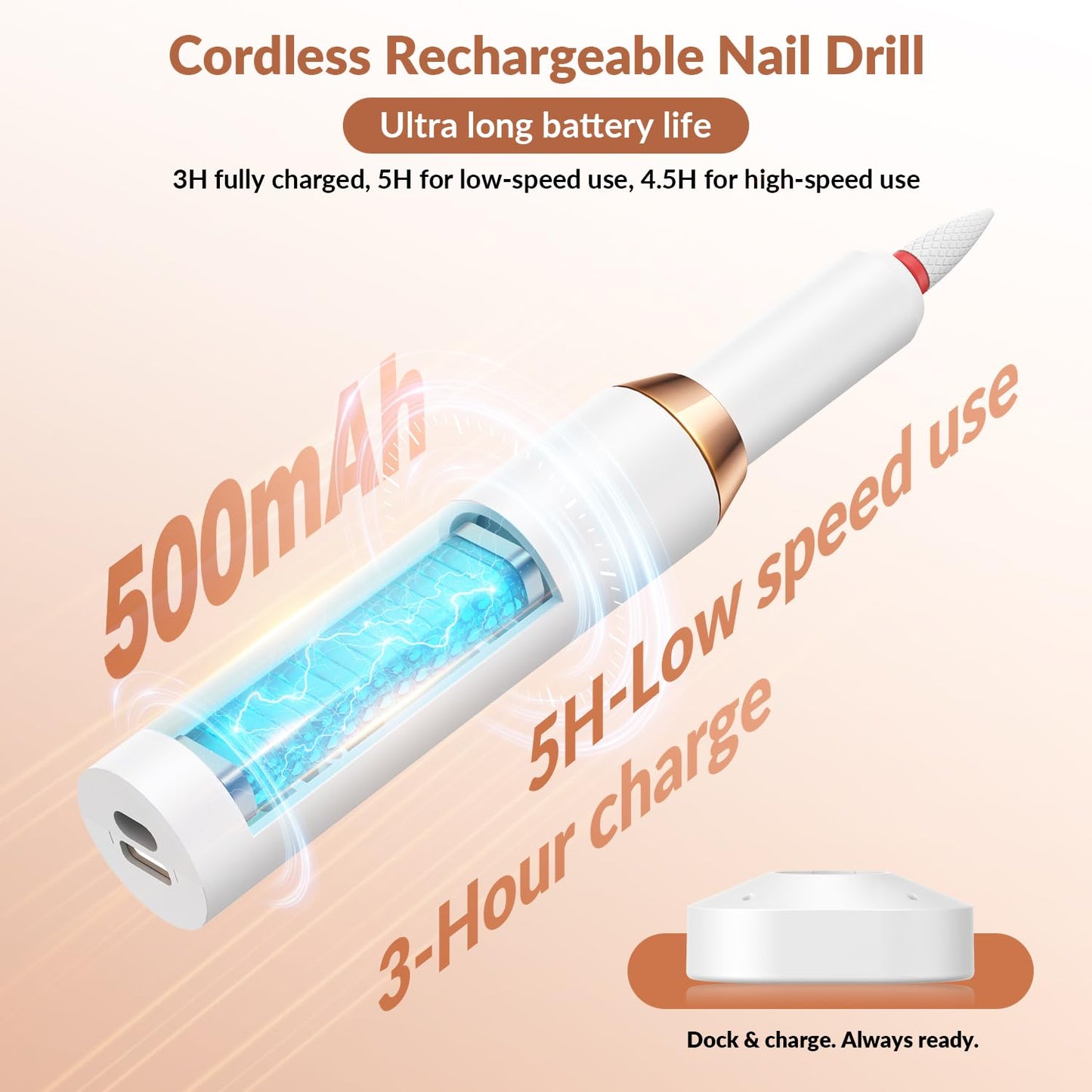 Portable Electric Nail Drill Kit Professional - 30000RPM Cordless Rechargeable Electric Nail File, with 12 Drill Bits & 36 Sanding Bands for Acrylic, Gel & Natural Nails, for Salon, Home and Travel