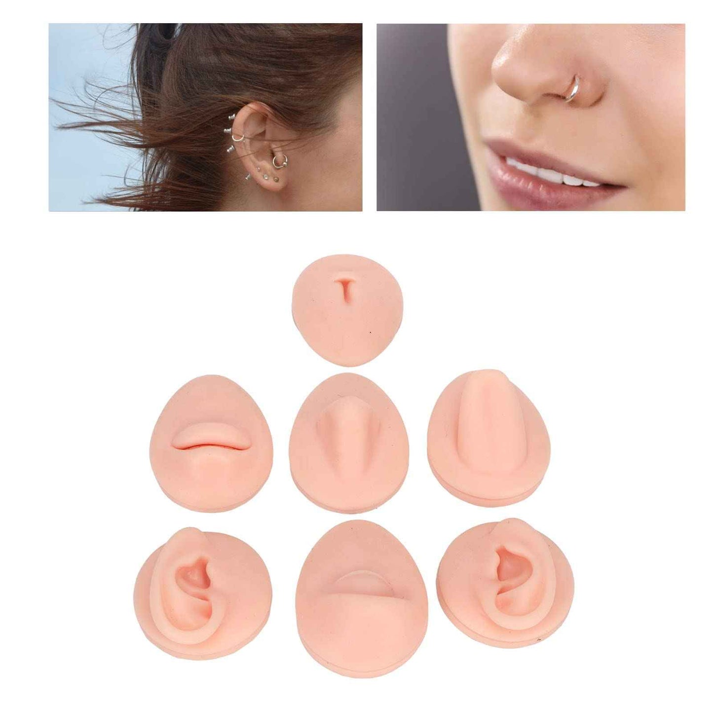 Fayelume 7PCS Piercing Practice Model Kit, Silicone Body Part Model For Piercing, Body Piercing Practice Model Kit Simulation Ear Eye Nose Mouth Tongue (Light Skin Colour)