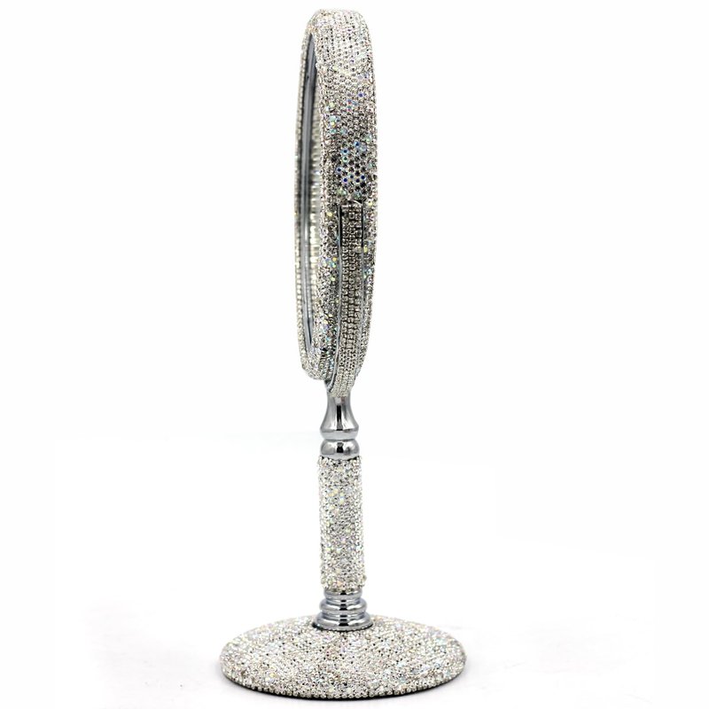 Bestbling Bling Rhinestone Double-Sided Tabletop Makeup Mirror, Round Metal Makeup Mirror with 1:2 Magnifying Mirror, Rotating Mirror (Silver)