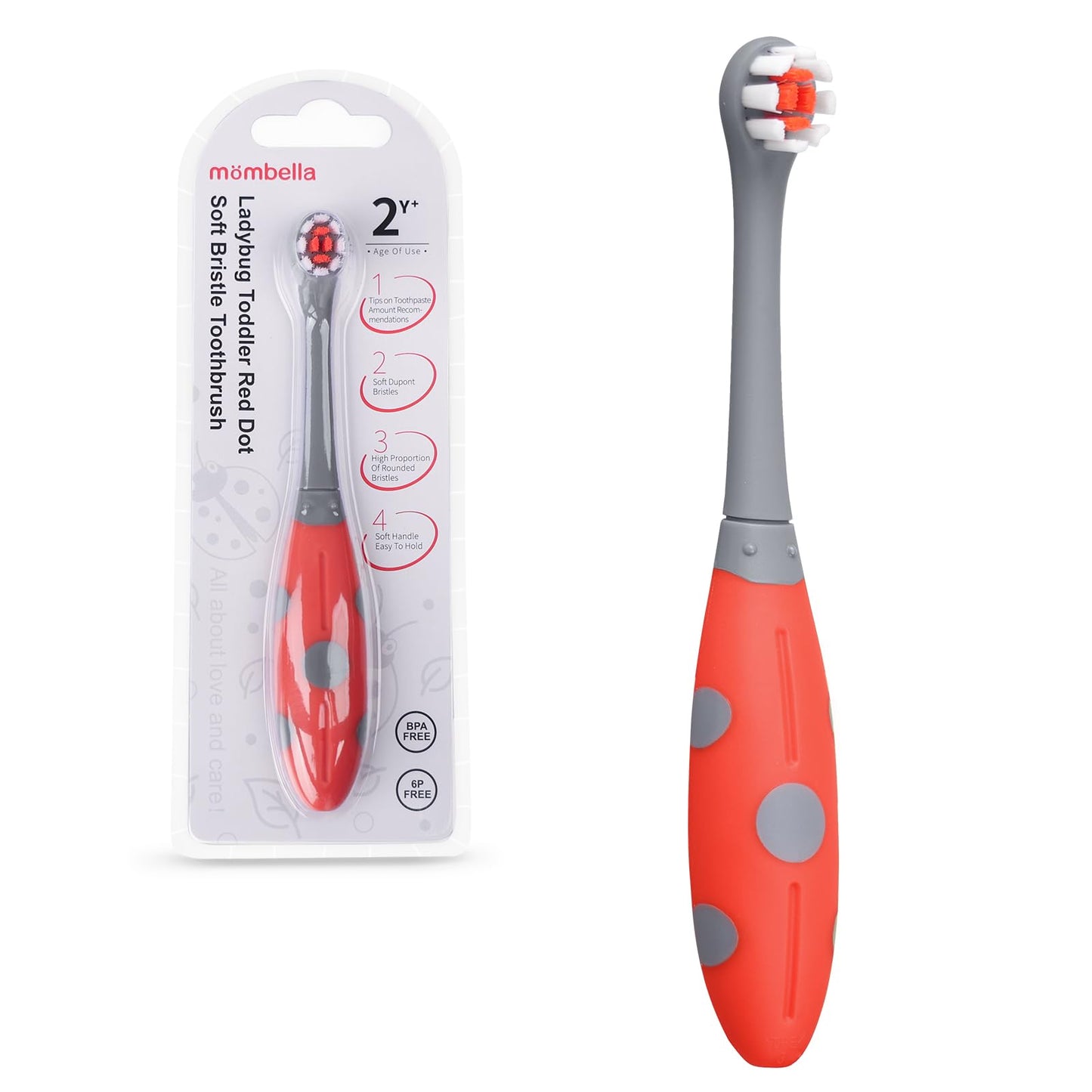 Mombella Ladybug Toddler Toothbrush for 2 Years+, Soft Red Dot Bristle Kids Toothbrush Age 2-4, Easy to Use, Oral Hygiene Care for Infant Teeth and Gums, Safe and Sturdy, 1pc