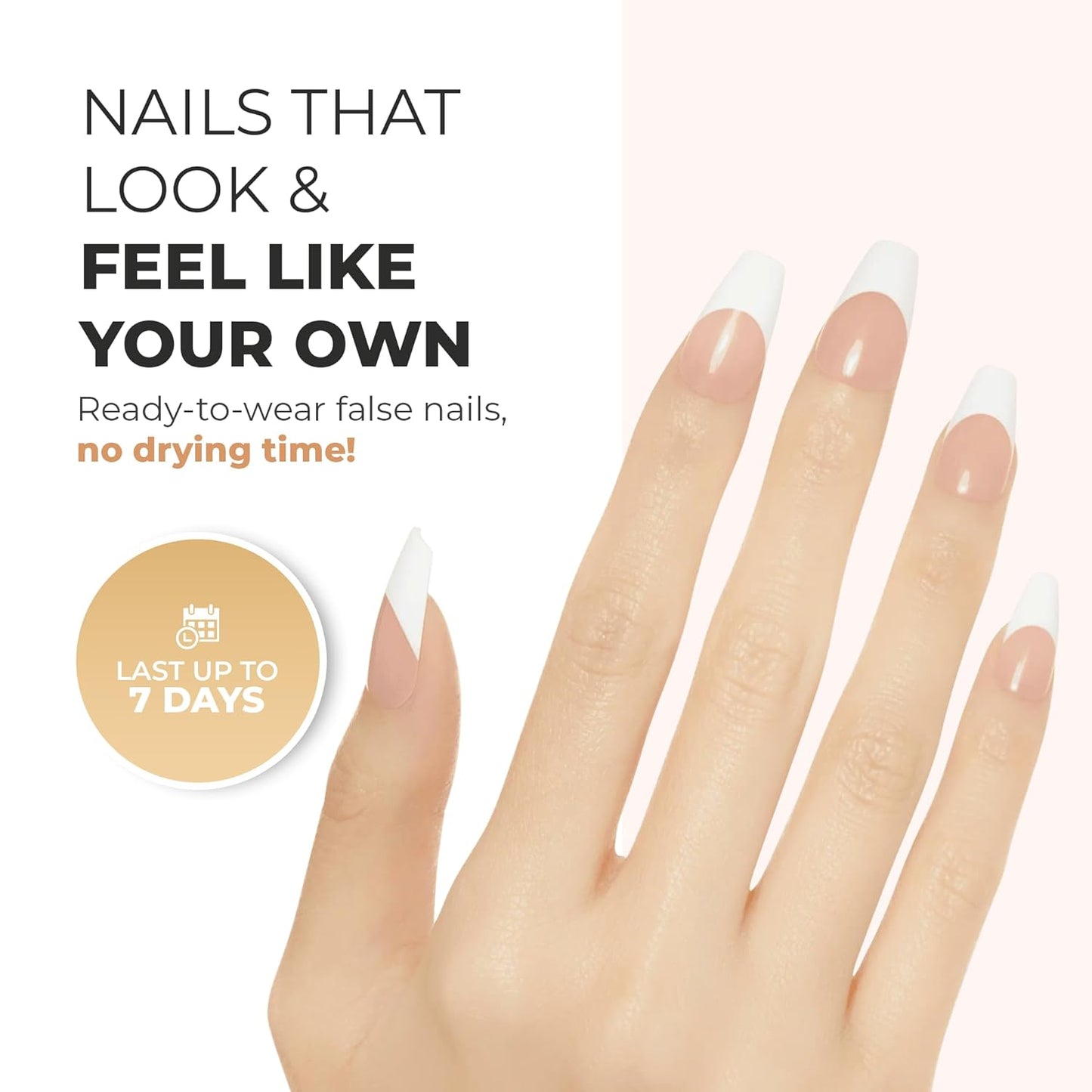 KISS Salon Acrylic French Nail Manicure Set, Medium Length, Square, “Je T'aime”, Nail Kit Includes Pink Gel Nail Glue (Net Wt. 2 g / 0.07oz.), Mini File, Manicure Stick, and 28 Fake Nails