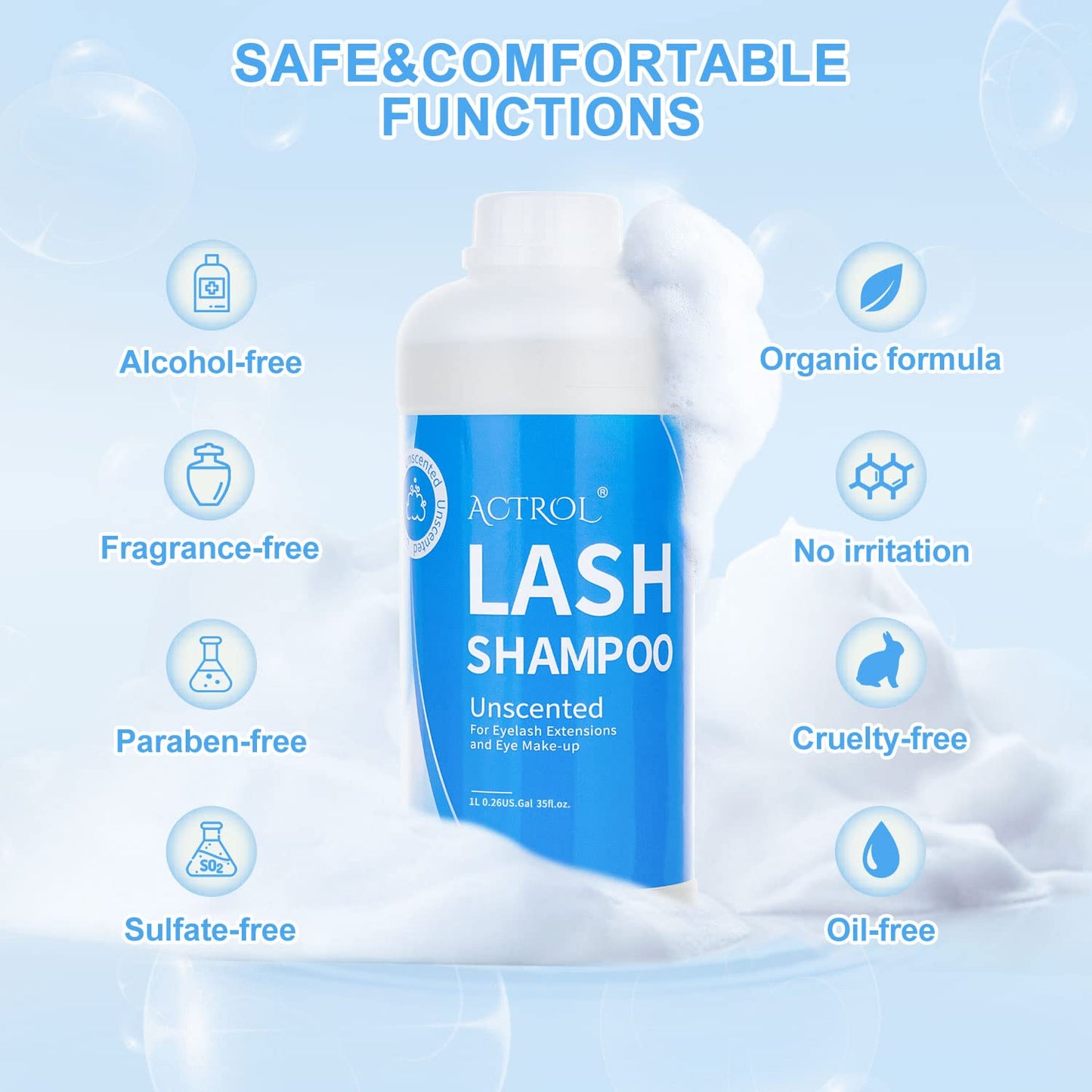 ACTROL Eyelash Extension Cleanser Unscented 1L Natural Lash Extension Shampoo Professional Eyelid Foaming Cleanser Paraben & Sulfate Free Non-lrritating with Salon and Home Care