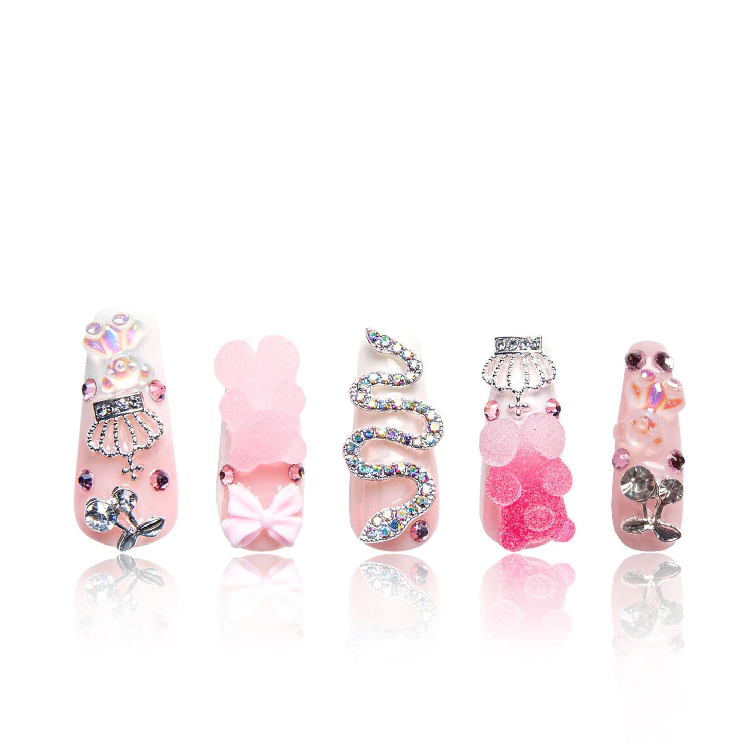 LOVFUL Press on Nails Marshmallo Gummy Bear Square | Handmade with Full Covered Crystals | Reusable Fake Nails | Coffin Classic Regular 1.3 in | H26-L