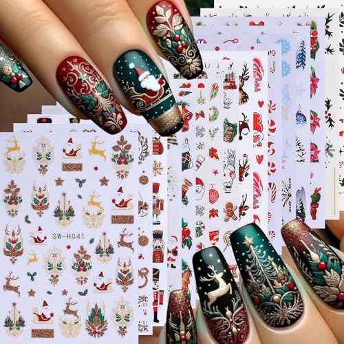 Christmas Nail Art Stickers Decals 16PCS 3D Self-Adhesive New Year Sticker for Nail Art Santa Claus Tree Elk Snowman Gonks Red Designs DIY Xmas Winter Decor Nail Art Supplies for Women Girls