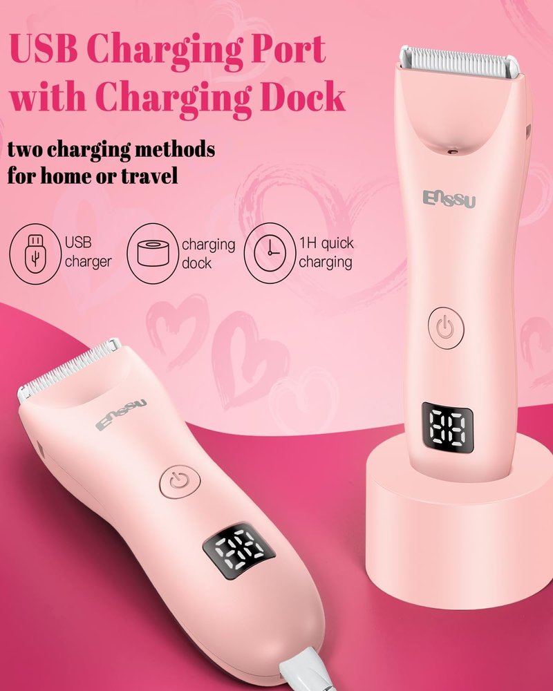 ENSSU 2in 1 Bikini Trimmer Electric Razors for Women with LED Light，Rechargeable Body Pubic Hair Trimmer Women with LCD Display, Lady Shaver for Leg/Arms/Bikini,Waterproof, Gift for Woman
