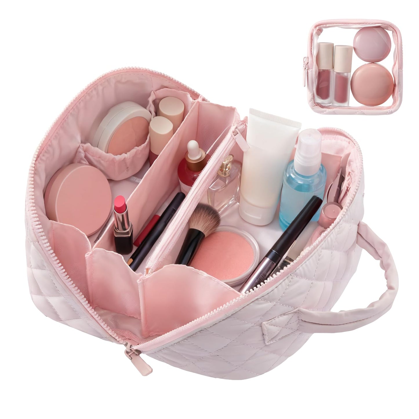 Makeup Bag Travel Toiletry Bag, Puffy Padded Make Up Bags for Women, Waterproof Cosmetic Organizer, Makeup Organizer Wide-open Pouch Purse, Travel Essentials for Toiletries Accessories Storage (Pink)
