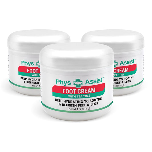 PhysAssist Foot Cream with Tea Tree 4 oz Jar – Deep Hydrating Foot & Leg Cream for Dry, Tired & Sensitive Skin – Refreshing Moisture Care with Peppermint, Tea Tree & Vitamin E - 3 PACK