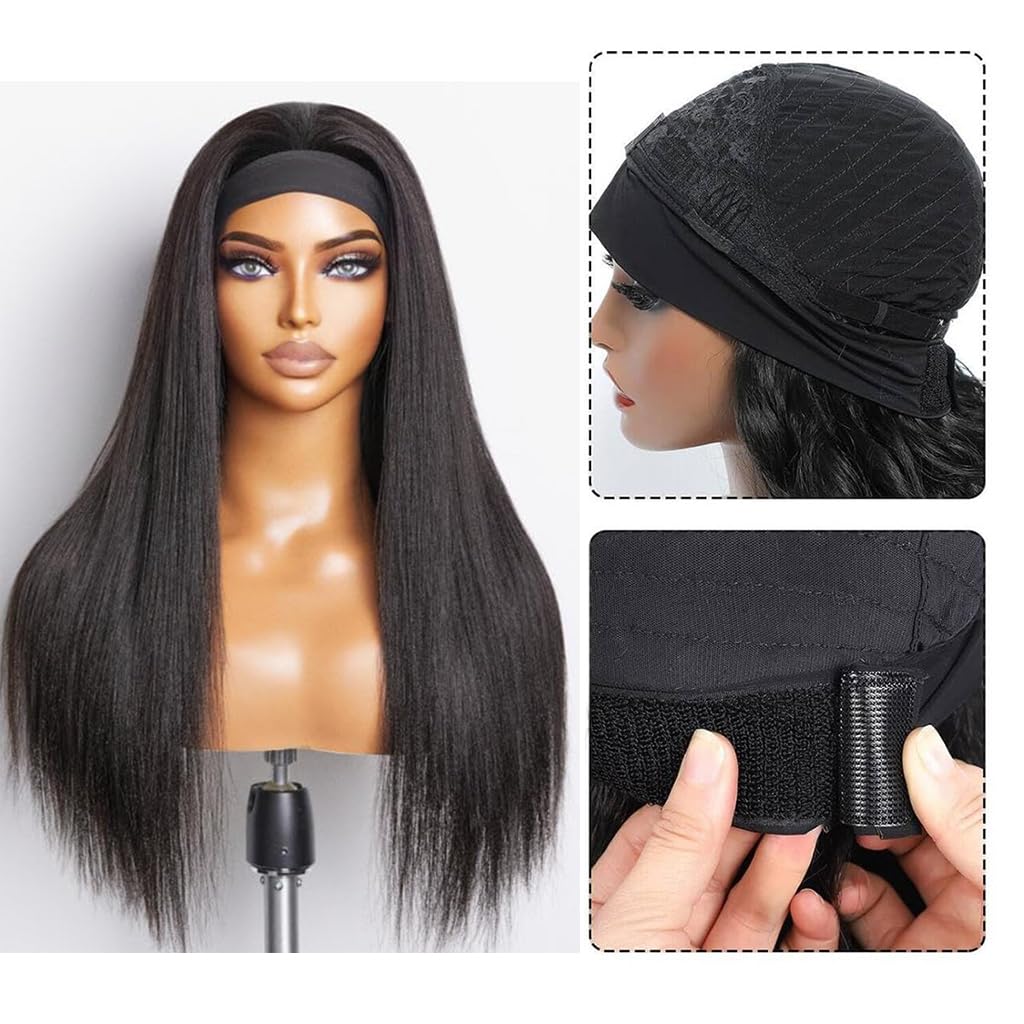 Unvizossa Headband Wig Human Hair 14 Inch Straight Headband Wigs for Black Women Glueless Straight None Lace Front Wig Human Hair Machine Made Wigs Natural Black 150% Density
