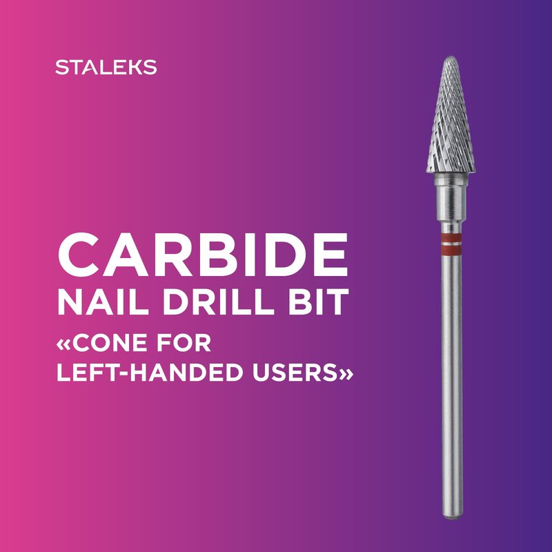 STALEKS PRO Expert Carbide Nail Drill Bit (Cone, Red, 6mm Head / 14mm WP) – for Left-Handed Users – Soft Hardness for Artificial Nail Correction & Skin Processing in Hardware Manicure/Pedicure