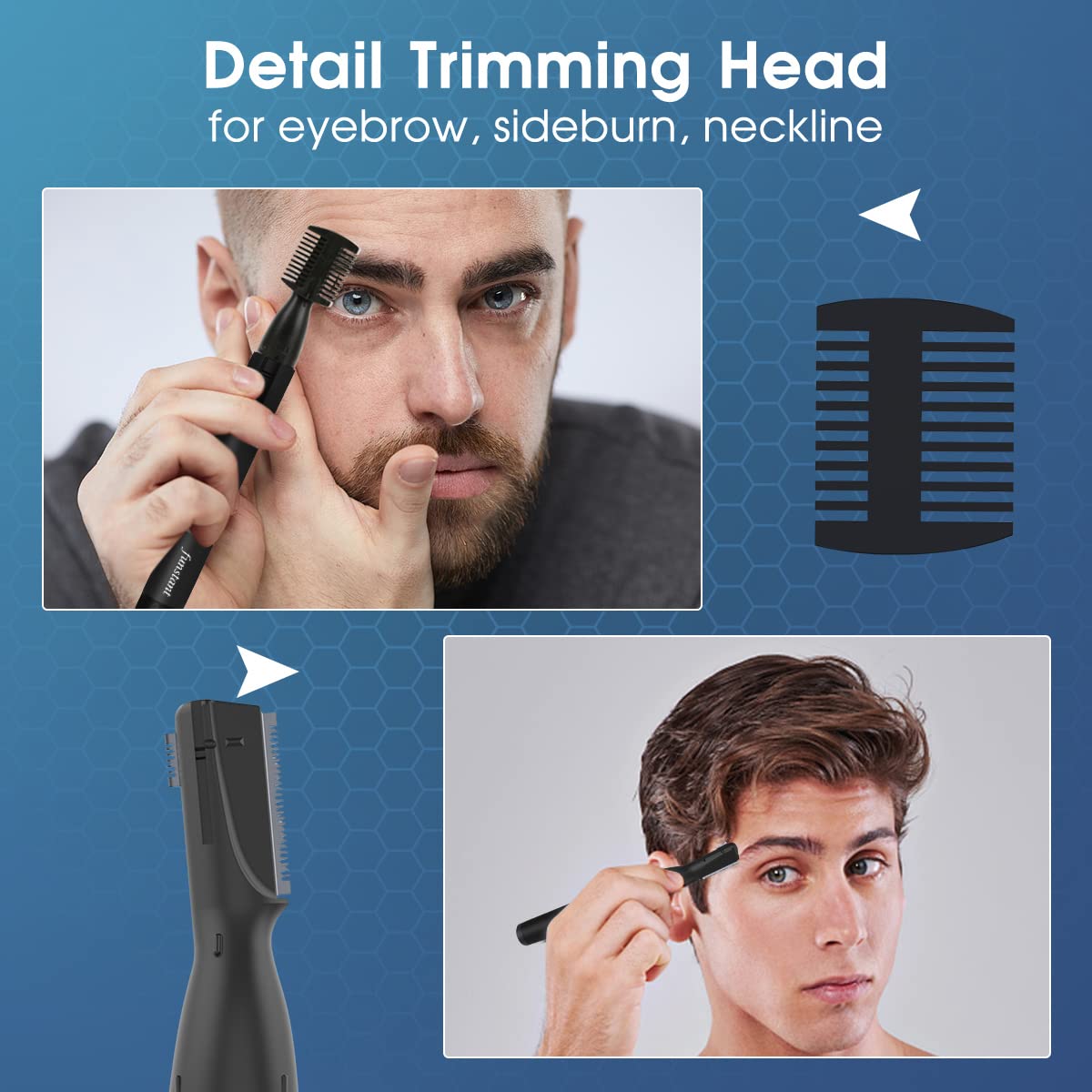 Funstant Upgraded Eyebrow Trimmer for Men, Precision Detailer Battery-Operated Eyebrow Razor and Shaper, Electric Facial Hair Trimmer with Comb, Dual-Blade Grooming Tool, No Pulling Sensation