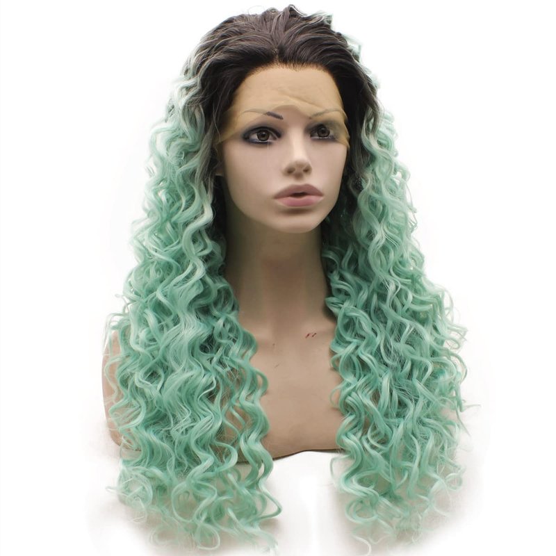 Long Curly Heat Resistant Synthetic Lace Front Wig - Dark Root Blue Color