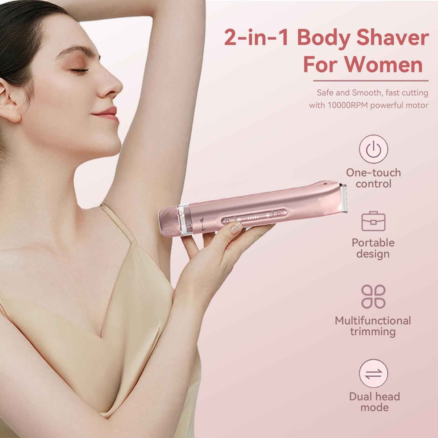 2 in 1 Women Electric Shaver Dual Head Bikini Trimmer for Women IPX7 Waterproof Wet & Dry Use Body Hair Trimmer Replaceable Hair Remover for Bikini Underarm Leg Arm Body Face, Pink