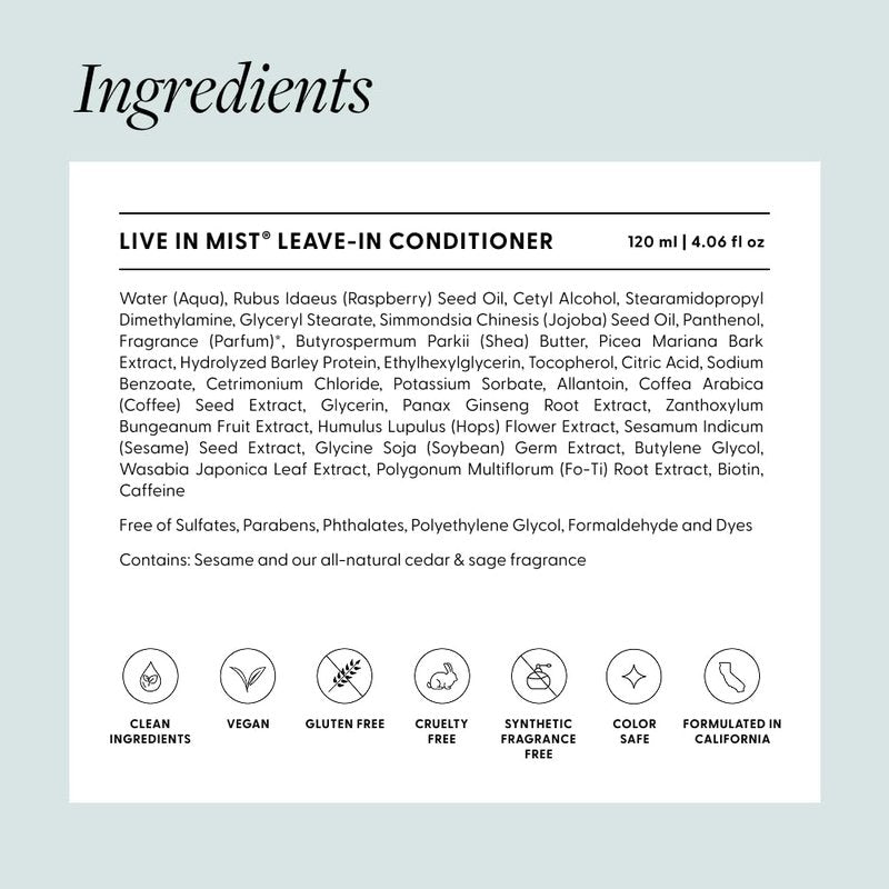Live In Mist® Leave-In Conditioner | The Sunscreen of Haircare™ | Hydrate, Detangle & Protect | Raspberry Seed Oil for UV Protection | Black Spruce Extract for Color Preservation | Sulfate-Free (4 oz)