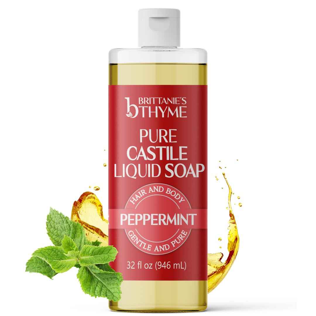Brittanie’s Pure Castile Liquid Soap Refill, Peppermint, 32 Ounce | Dish Soap, Hair & Body, Home, Gentle and Pure, Made with Natural Luxurious Oils, Vegan & Gluten Free Non-GMO