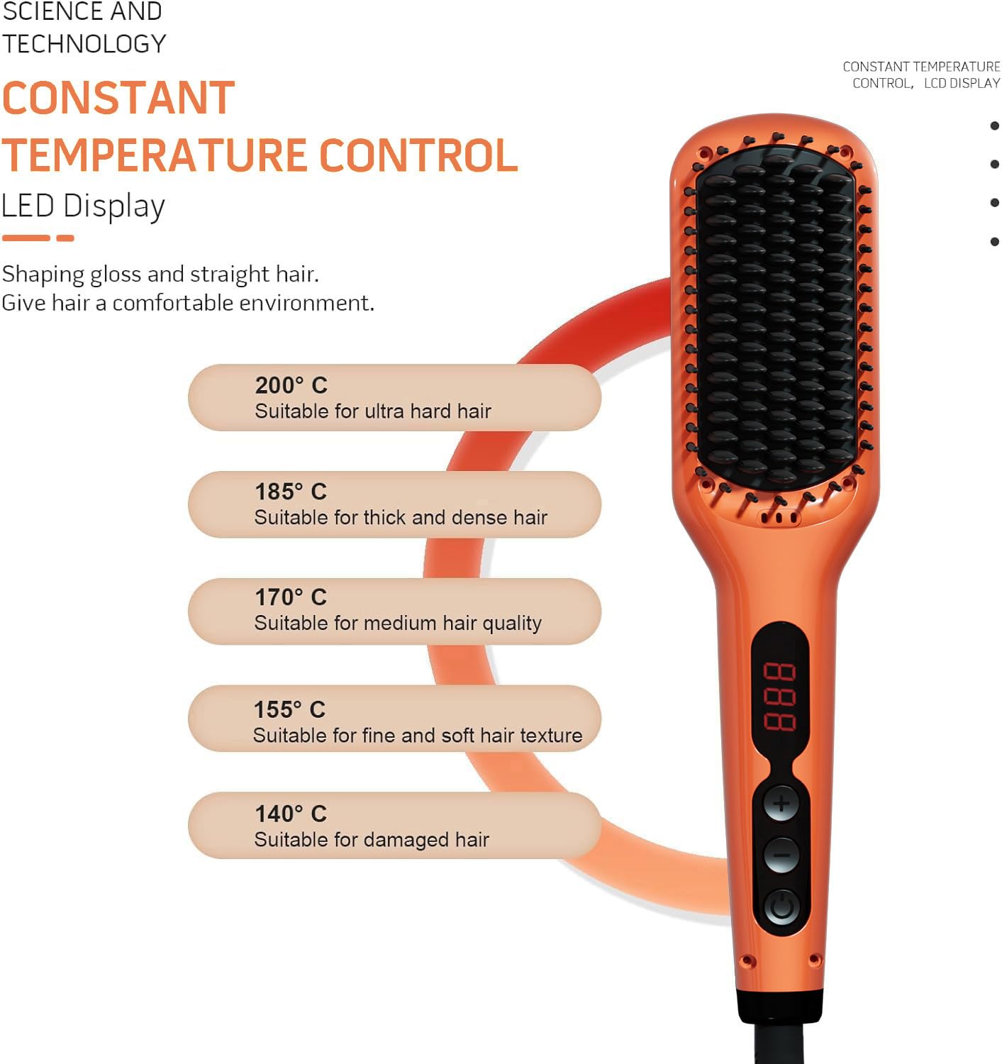 Hair Straightener Brush - Ceramic Ionic Heated Brush for Frizzy & Thick Hair | 20s Heat-Up, Anti-Scald, 360° Swivel Cord, Vibrant Orange
