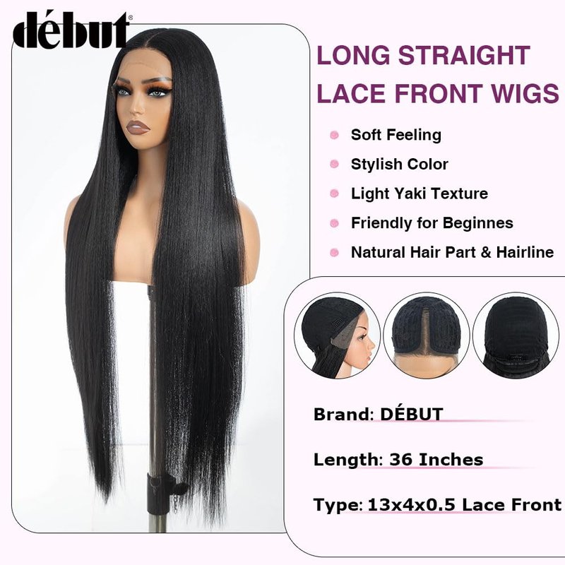 Light Yaki Straight Lace Front Wig - 36-Inch Super Long Hair | 13x4x0.5 Natural Hairline with Baby Hair - 1B Color