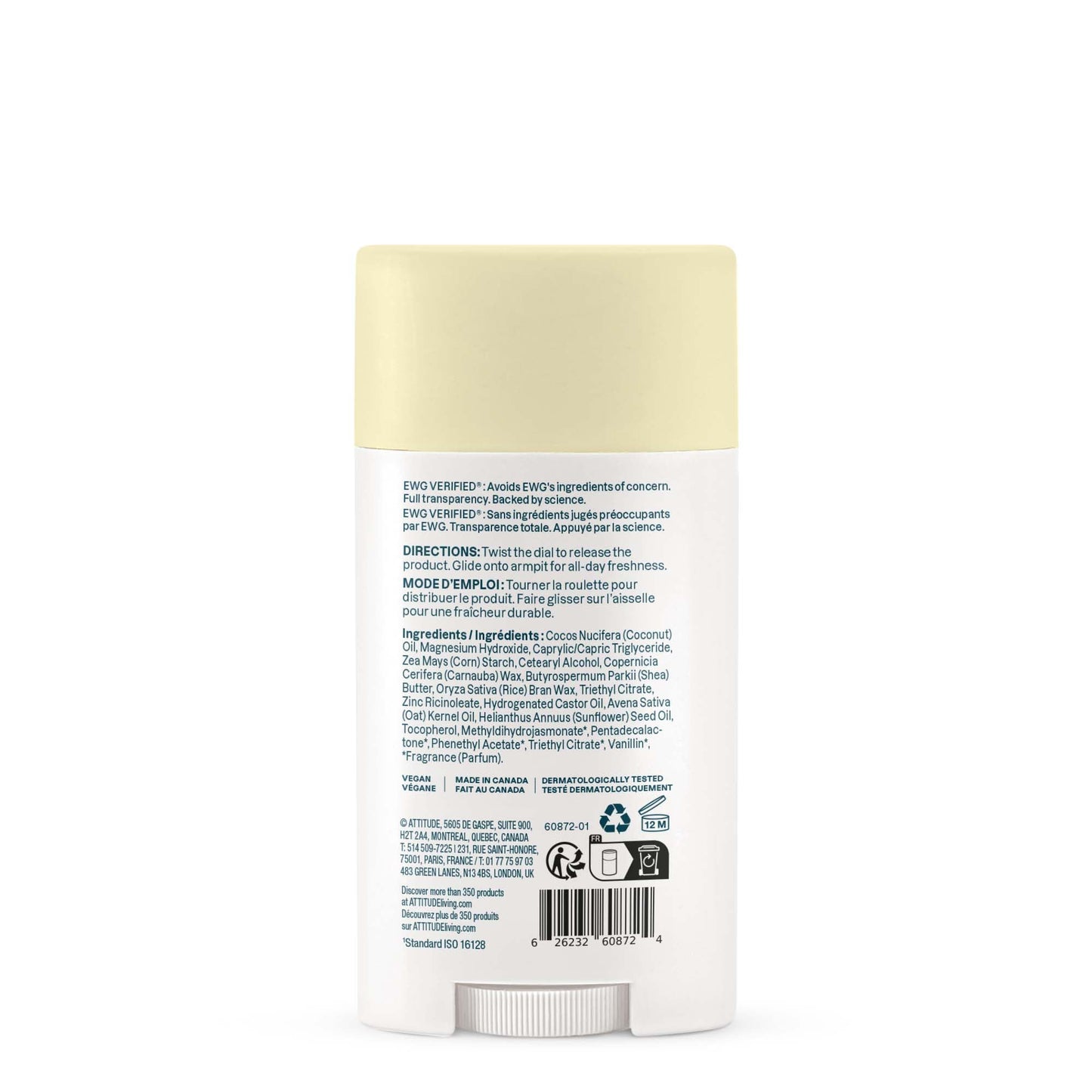 ATTITUDE Deodorant for Sensitive Skin, Aluminum Free & Baking Soda Free, Gentle & Vegan, Long-Lasting Odor Protection, Vanilla Cream Scent, 2.64 Oz