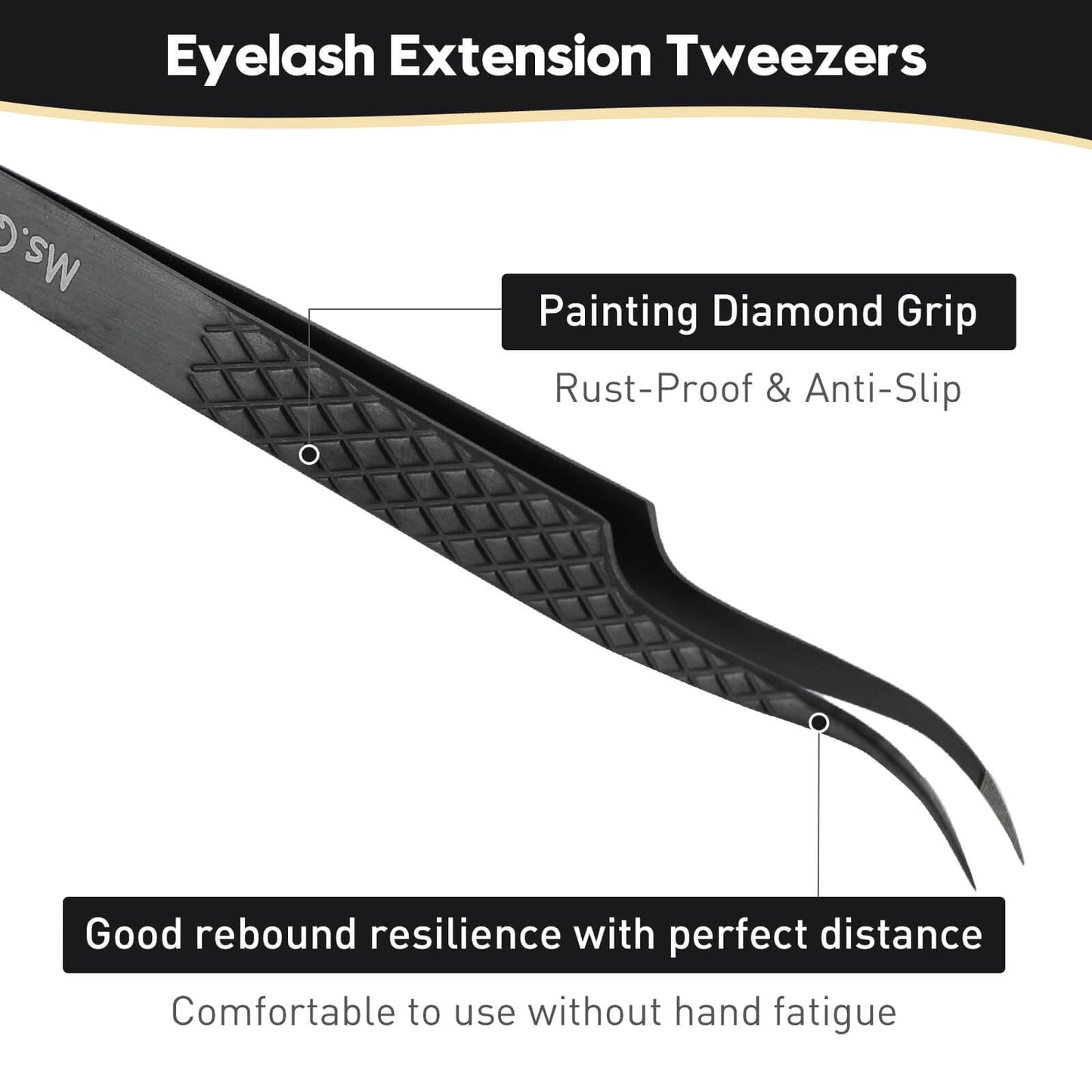 Ms.Queen Lash Tweezers for Eyelash Extensions,Set of 5,Fiber Tip Curved 45 90 Degree and L-Shape Boot Lash Tweezers for Mega Volume & Classic Lashes,Black