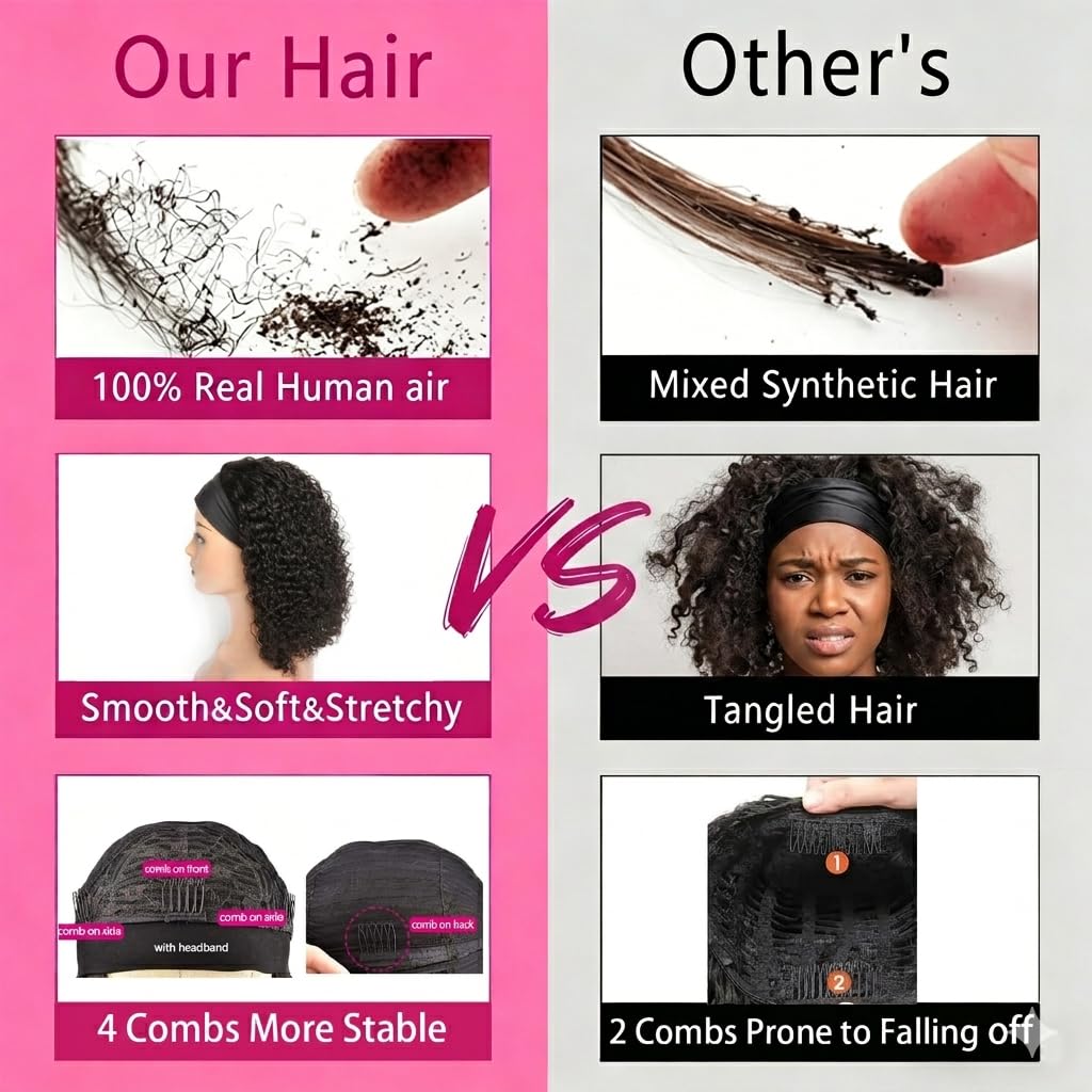 Punmasa Headband Wig Human Hair Deep Wave 12 Inches None Lace Front Wig Human Hair Machine Made Wigs 150% Density Headband Curly Human Hair Wigs for Women Natural Color Half wig